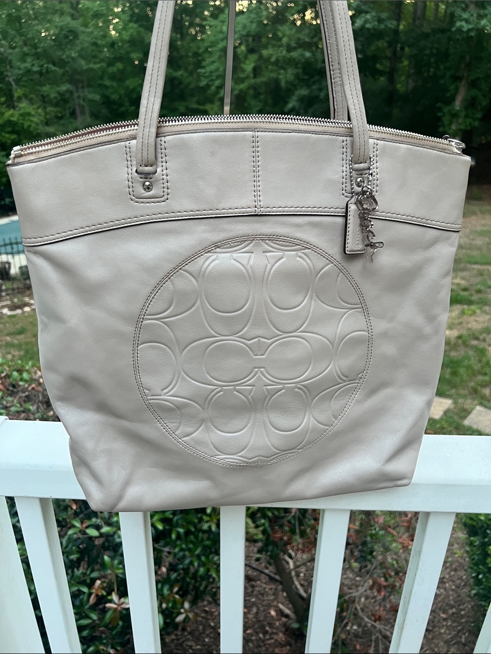 Coach Laura Large  Neutral Taupe Leather Embossed Tote 14 x16 Logo Charm, tag